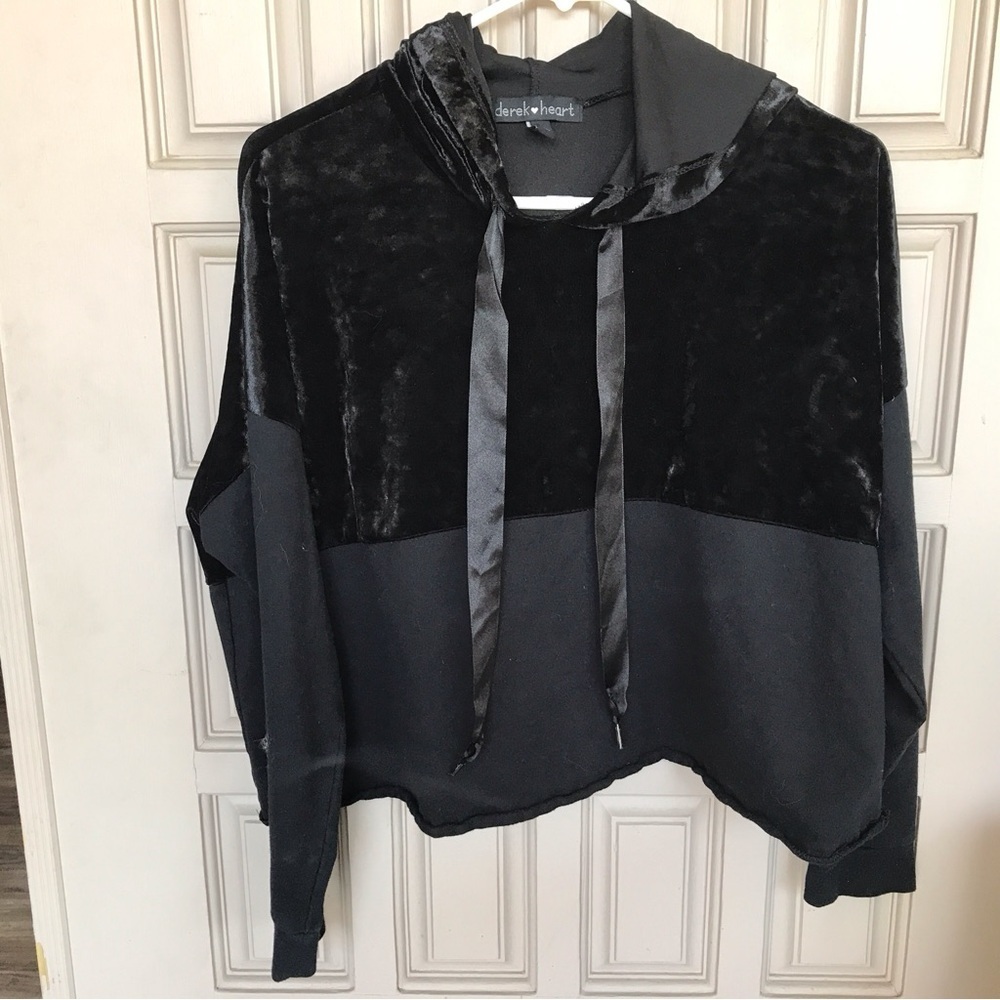 Derek Heart Hoodie SzL Velour/Cotton Contrast Ribbon Drawstring Cropped Lt Weigh